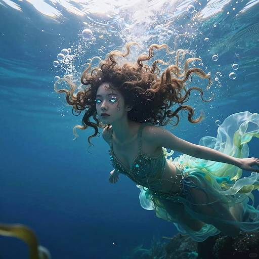 Photograph of a curly-haired, fair-skinned mermaid with glowing blue eyes swimming underwater, surrounded by bubbles, wearing a translucent green and blue gown
