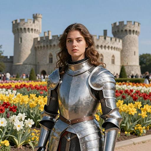 Photograph of a young woman with wavy brown hair in shiny silver medieval armor, standing in front of a castle with blooming yellow, red,