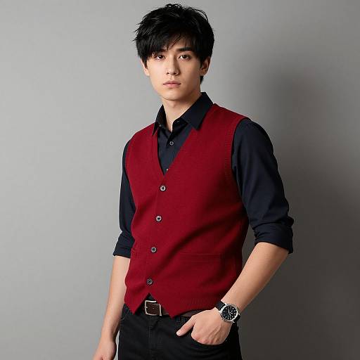 Photograph of an Asian man with black hair, wearing a red vest over a black shirt, black pants, and a black watch, standing against a