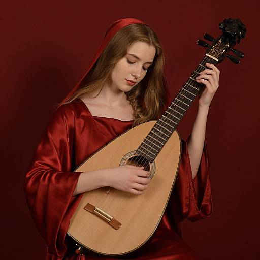 Young woman with fair skin and long brown hair, wearing a red satin dress and headscarf, playing a wooden banjo against a deep red background