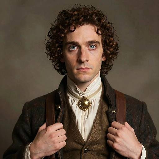 Photograph of a young, curly-haired man with blue eyes, wearing 19th-century attire, brown vest, white shirt, and suspenders,