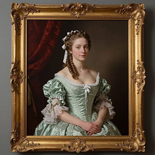 Photograph of a young woman in an 18th-century green satin gown with white lace, braided hair, and ribbon, framed in an orn