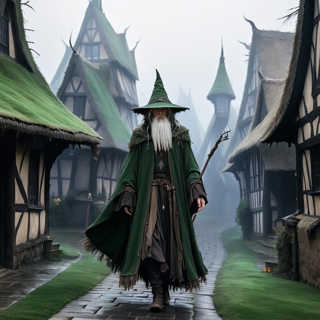 Mysterious Elf in Foggy Fantasy Town