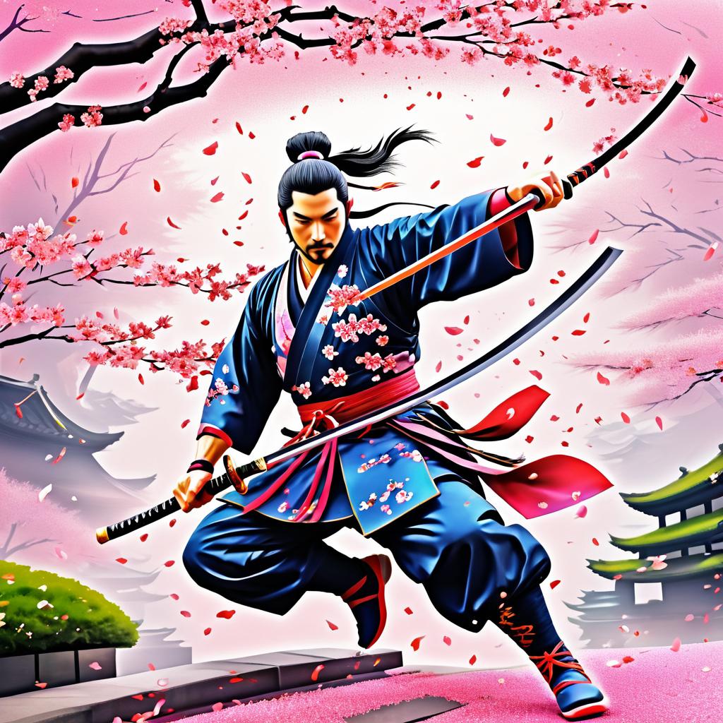 Agile Samurai in Serene Temple Garden