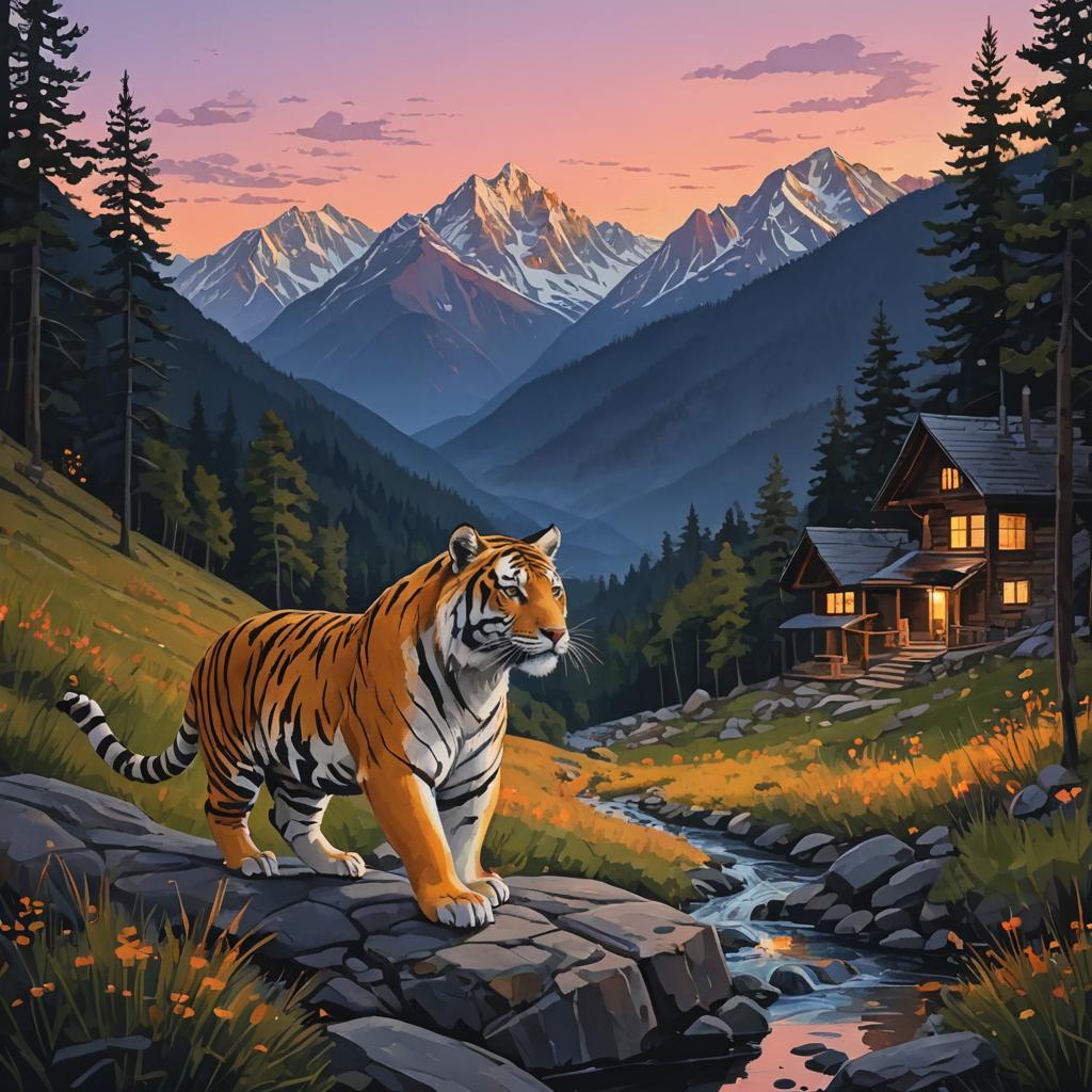 Quaint Evening Tigers in Mountain Landscape