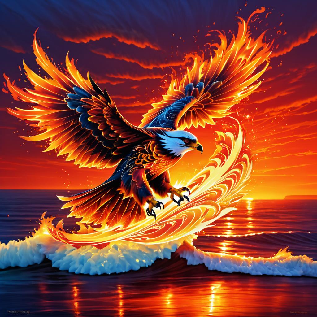 Flaming Falcon Against Ocean Sunset