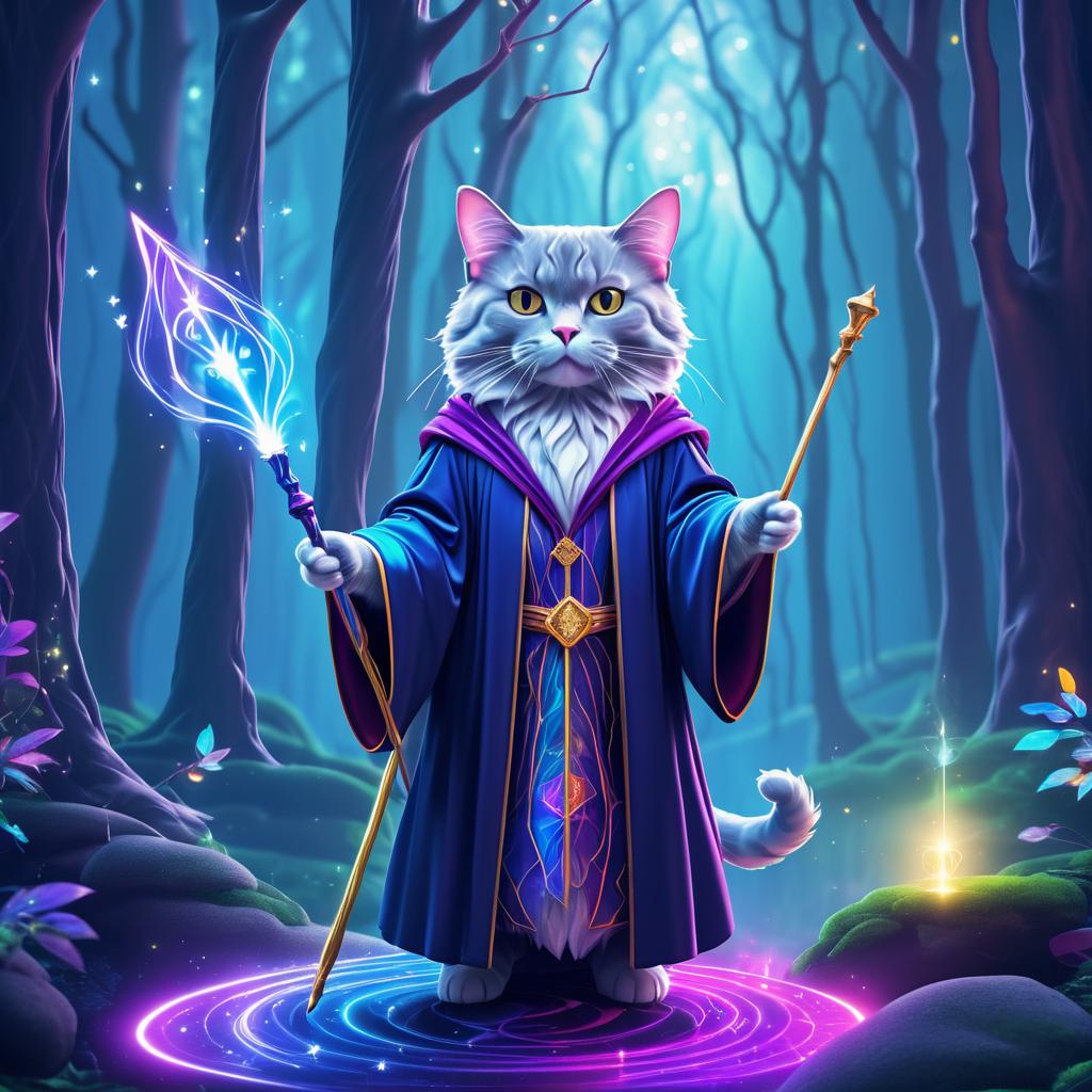 Whimsical Cat Wizard in Enchanted Forest