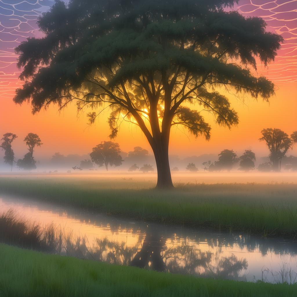 Misty Dawn by the Willow Riverbank