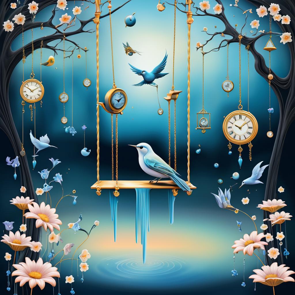 Surreal Bird Swing with Melting Clocks