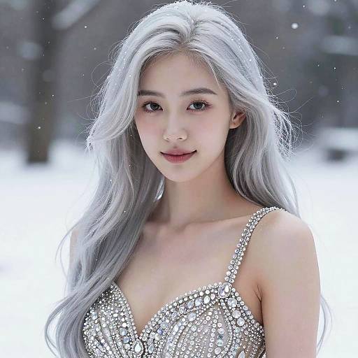 Woman with Silver Hair in Crystal Dress in Snow