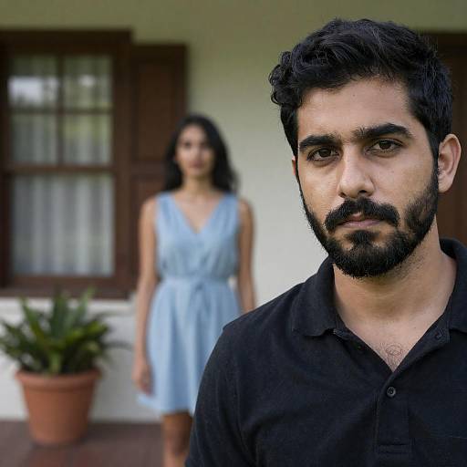 Serious Man in Foreground, Blurred Woman