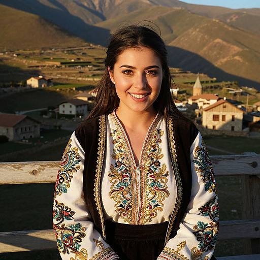 Photograph of a smiling young woman with long black hair, wearing an ornate embroidered white blouse and black vest, standing against a mountainous rural village