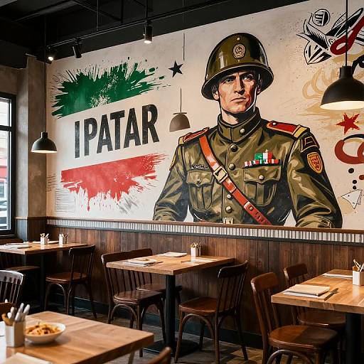 Photograph of a café with a military-themed mural of a decorated soldier in a green uniform, 