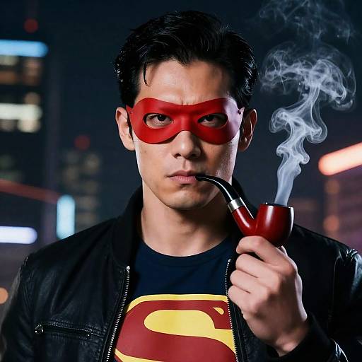 Dramatic Superhero with Colorful Cityscape