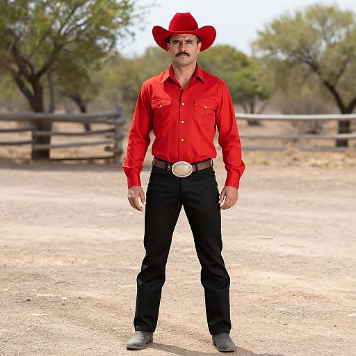 Photograph of a middle-aged man with a mustache, wearing a red shirt, black pants, large silver belt buckle, and red cowboy hat,