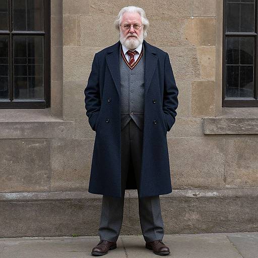 Photograph of an elderly white man with a white beard, wearing a black overcoat, gray suit, red tie, and brown shoes, standing in