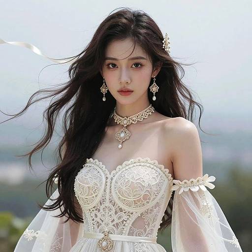 East Asian woman with long black hair wears an ornate, white lace off-shoulder wedding dress, gold jewelry, and delicate veil outdoors. Phot