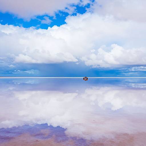 Photograph of a small boat on a vast, reflective salt flat under a bright blue sky with fluffy white clouds.