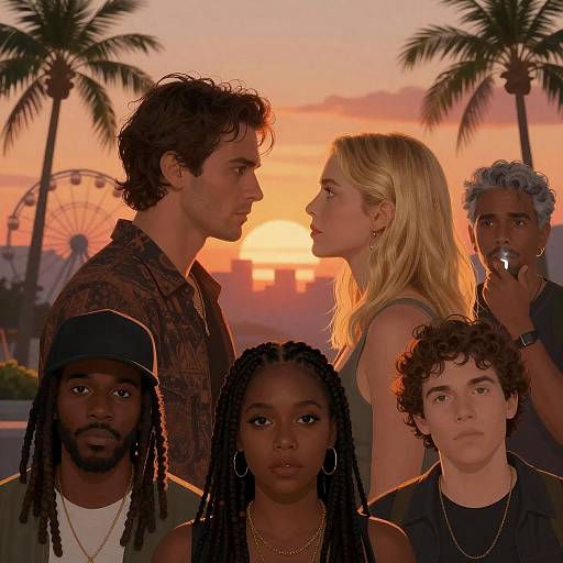 Vibrant Sunset Gathering with Intense Expressions