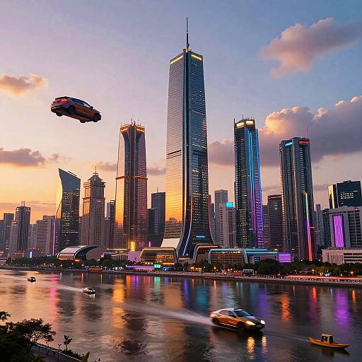 Photograph of a futuristic cityscape at sunset, featuring tall skyscrapers with illuminated windows, a flying car, and colorful reflections on a river.