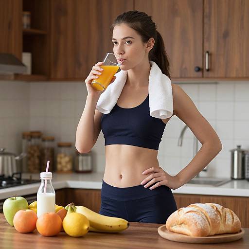 Photograph of a fit, young woman with dark hair, in a black sports bra and pants, drinking orange juice in a modern kitchen, with fruit