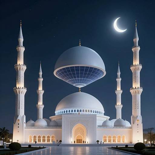 Photograph of a brightly lit, white Islamic mosque at night with a crescent moon in the dark blue sky, featuring a large dome and four min