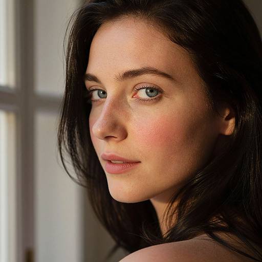 Close-up photograph of a young woman with fair skin, blue eyes, and long dark hair, looking thoughtfully to the side with soft natural light highlighting