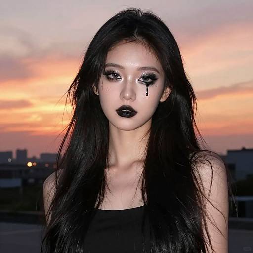 Gothic-style photograph of a pale, young woman with long black hair, black lipstick, and dripping black eye makeup against a sunset sky.