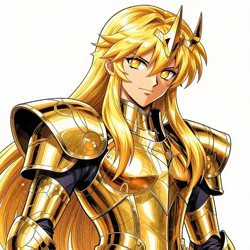 Anime-style digital illustration of a blonde, long-haired, horned warrior with yellow eyes, wearing shiny golden armor, looking confidently forward.