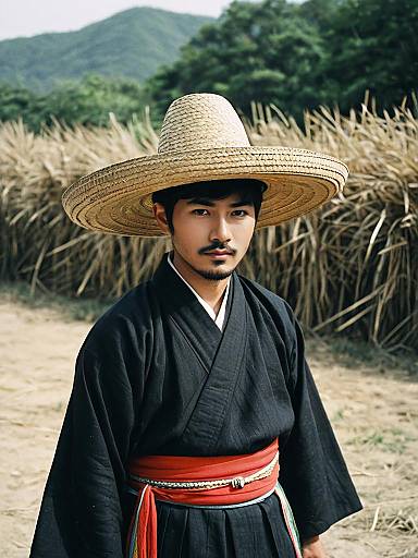 Man in Traditional Korean Hanbok with Straw Hat