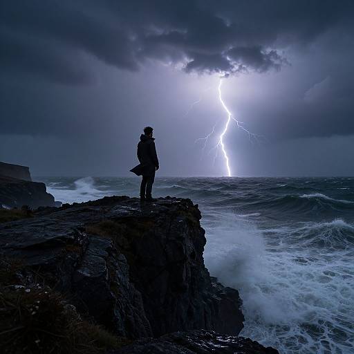 Silhouetted figure standing on rocky cliff, gazing at bright lightning bolt over stormy ocean under dark, cloudy sky. Dramatic, mo