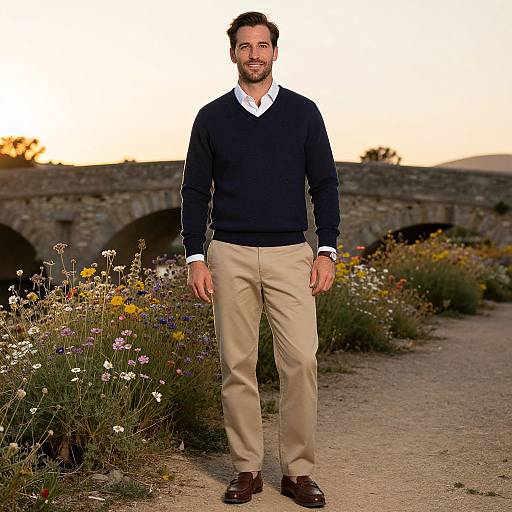 Photograph of a smiling man with short dark hair, beard, wearing a navy sweater, white shirt, beige pants, brown shoes, standing on a