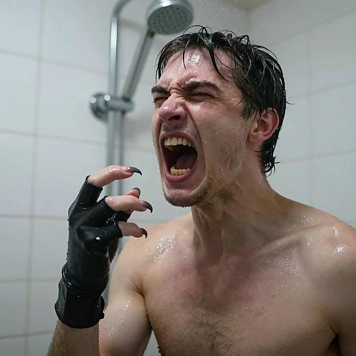 Shirtless man screaming in shower with claw gloves