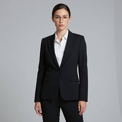 Photograph of an Asian woman with straight black hair in a bun, wearing glasses, a black suit, and white shirt, standing against a plain light