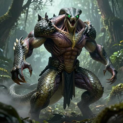 CGI fantasy creature: muscular, reptilian, black-scaled, green glowing eyes, sharp teeth, spiked shoulders, loincloth, standing in
