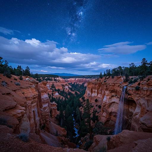Photograph of a stunning canyon with vibrant red rock formations, a small waterfall, dense pine trees, and a clear night sky filled with the Milky Way