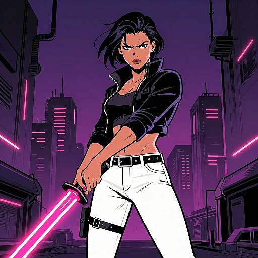 Fierce Woman with Neon Sword in Cyberpunk City