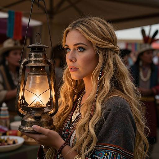 Photograph of a blonde woman with wavy hair, holding a glowing lantern, wearing a colorful, patterned top, in a rustic market.