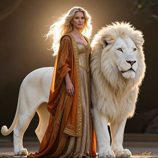 Photograph of a blonde woman in an ornate, brown medieval-style gown standing beside a large, white lion with a majestic mane, illuminated by sunlight
