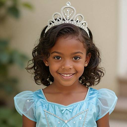 Photograph of a smiling young girl with dark curly hair, wearing a silver tiara and light blue, sparkly dress with puffed sleeves. Bl