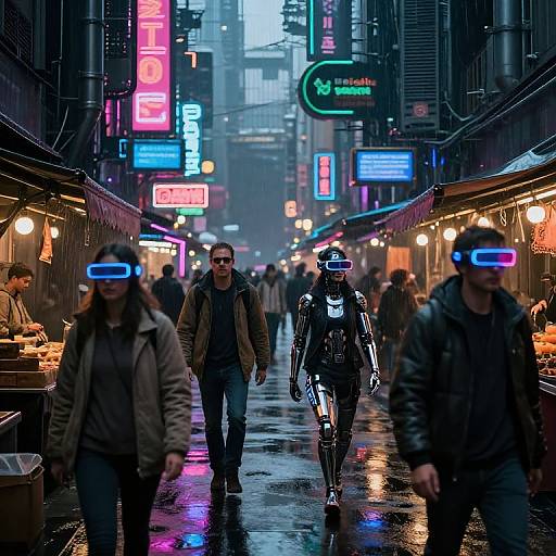 Cyberpunk street scene photograph: Neon-lit, rain-soaked alley with humans and a glowing, robotic figure, wearing VR headsets, walking