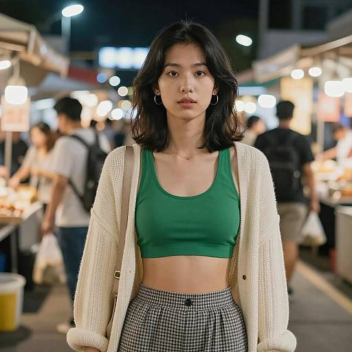 Photograph of an Asian woman with shoulder-length black hair, wearing a green crop top, white cardigan, and checkered skirt, standing in a