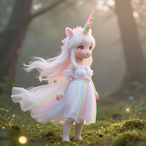 Digital CGI of a cute, white-haired, unicorn-girl with pink eyes, wearing a flowing white dress, standing in a misty forest.