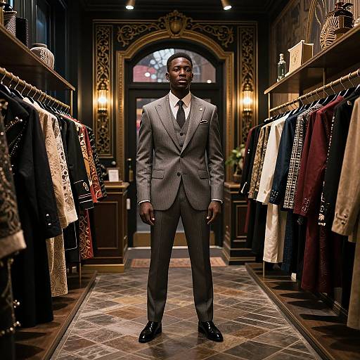 Photograph of a tall, Black man in a gray pinstripe suit standing in a luxurious, dimly-lit, ornate clothing store,
