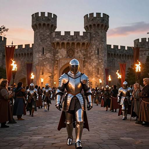 Photograph of a medieval knight in shiny silver armor marching towards a lit castle at sunset, surrounded by soldiers and torches.
