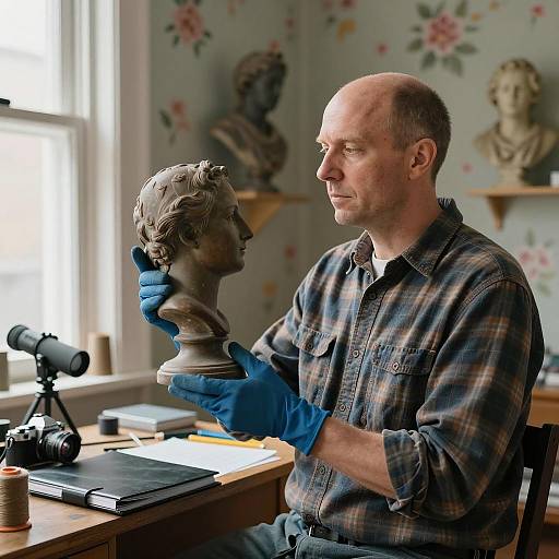 Balding Man Holding Artistic Bust