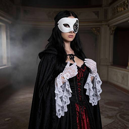 Photograph of a woman in a black velvet cloak, white lace gloves, and a white mask, standing in a dimly lit, ornate room