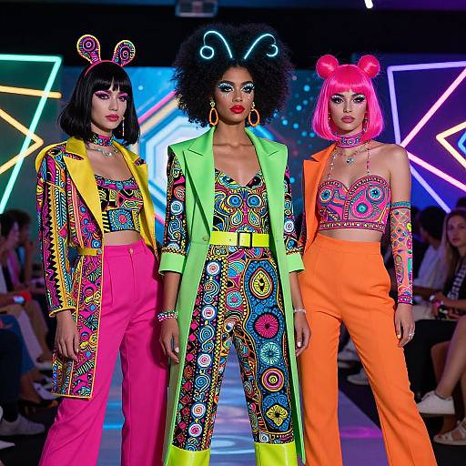 Photograph of three models on runway wearing vibrant, psychedelic outfits: pink and yellow, green and pink, and orange with neon accents, under neon lights