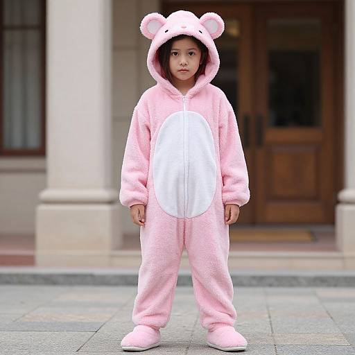 Young girl in pink bear onesie with white belly, standing on sidewalk, in front of wooden building with columns. Photorealistic CGI.