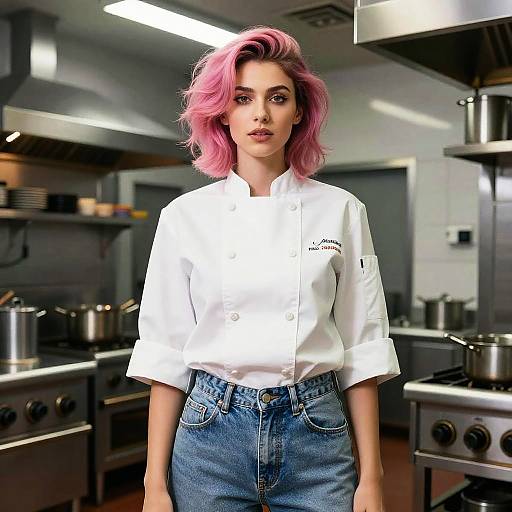 Female Chef with Pink Peekaboo Hairstyle in Kitchen